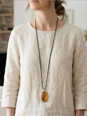Amber Glass Oval Cabochon Pendant Long Cord Necklace Quiet Luxury.